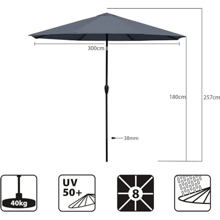 Sekey Sonnenschirm 3m Marktschirm mit Kurbel, Gartenschirm, 8 Streben, Sonnenschutz 50+, LxB: 300,00x300,00 cm, mit/ohne LED-Lichtern, Terrassenschirm Rund – Bild 8