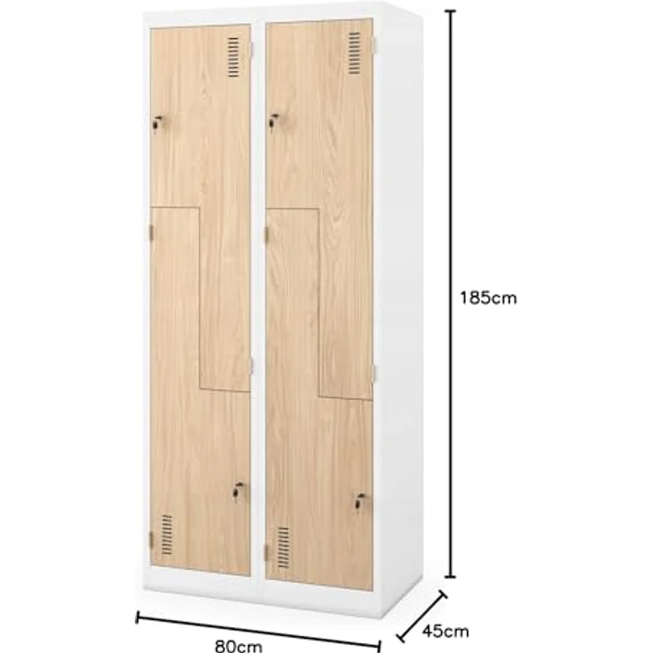 Jan Nowak Umkleideschrank Z02 Spind mit 4 Abteilen Kleiderspind Metallschrank Flügeltür Lüftungsschlitzen Pulverbeschichtung 185 x 80 x 45 cm (Weiß-Holz) – Bild 3