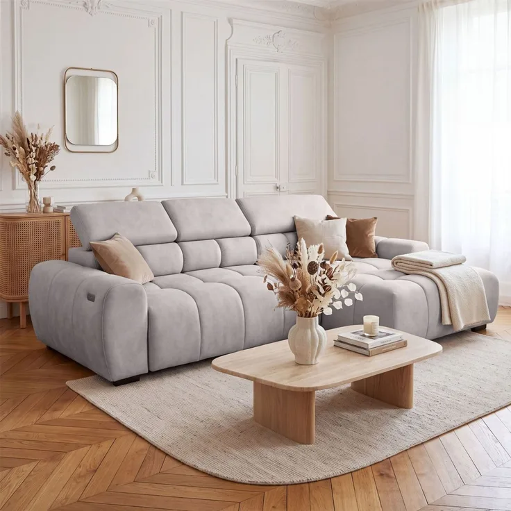 Ecksofa Schlafsofa VELUNIO RELAX in Stoff Salvador Hellgrau Ottomane Rechts