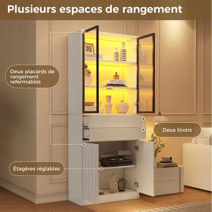 Vitrinenschrank 70 x 34 x 180 cm in Weiß mit Glastüren und App-gesteuerter LED-Beleuchtung – Bild 9