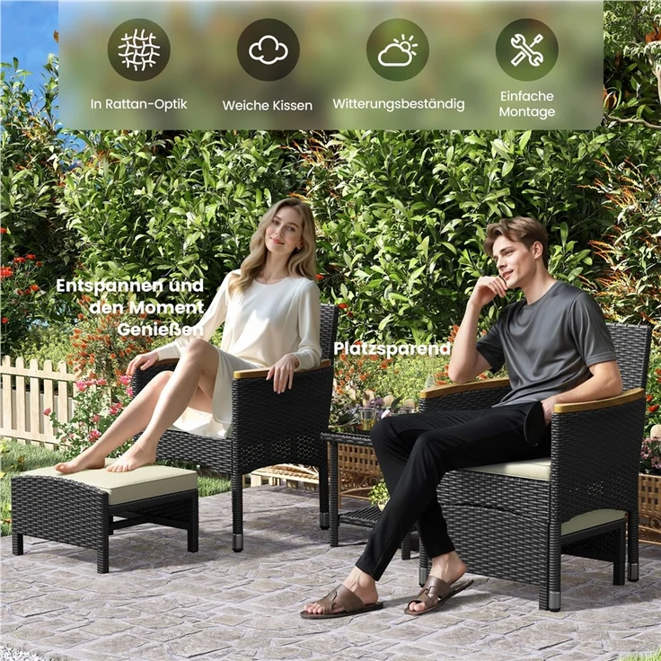 Yaheetech Gartenlounge-Set mit Sessel, Fußhocker & Kaffeetisch, Rattan-Optik, Schwarz & Beige – Bild 9