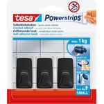 tesa Powerstrips Klebehaken Small Eckig - 3 x selbstklebende Wandhaken - für Kacheln, Glas, Kunststoff und weitere Untergründe - 1 kg Halteleistung - Schwarz
