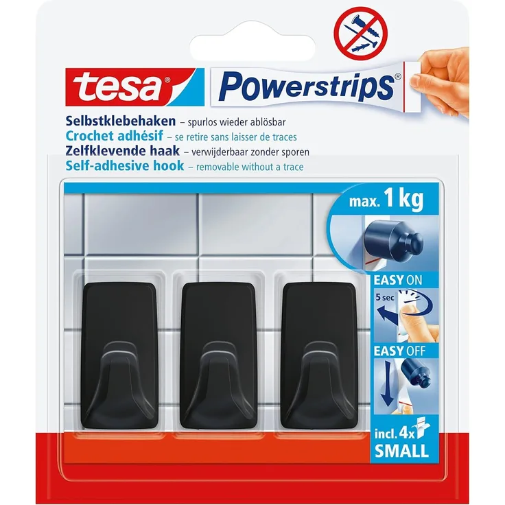 tesa Powerstrips Klebehaken Small Eckig - 3 x selbstklebende Wandhaken - für Kacheln, Glas, Kunststoff und weitere Untergründe - 1 kg Halteleistung - Schwarz