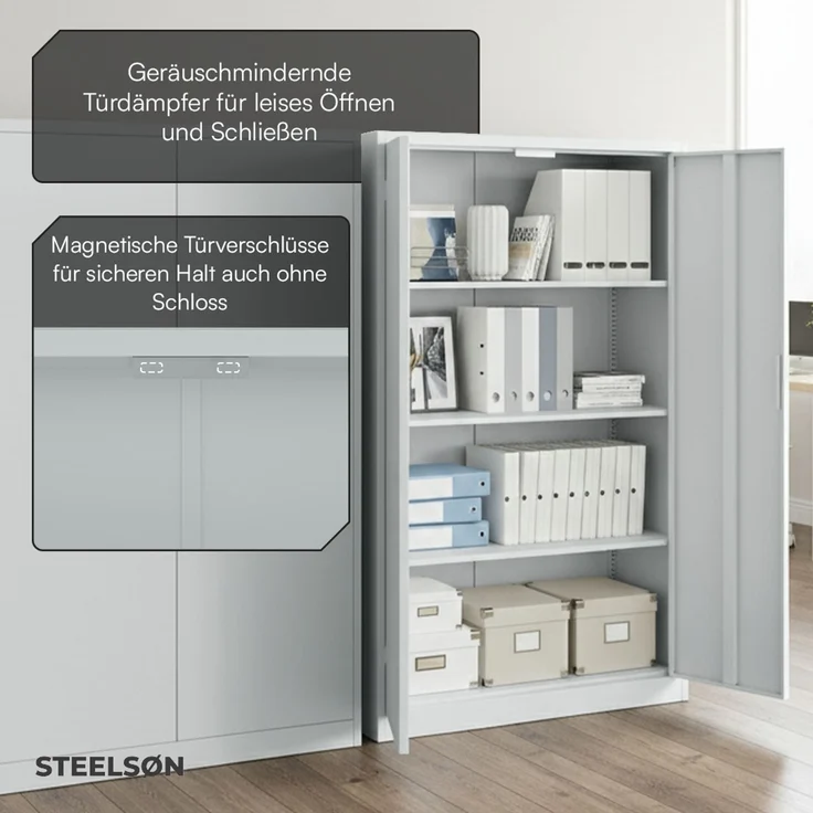 STEELSØN 'Regulus' Aktenschrank, Metall, hellgrau, 140x90x40cm, abschließbar, Metallschrank mit 4 Fächern, geeignet als Werkzeugschrank – Bild 6