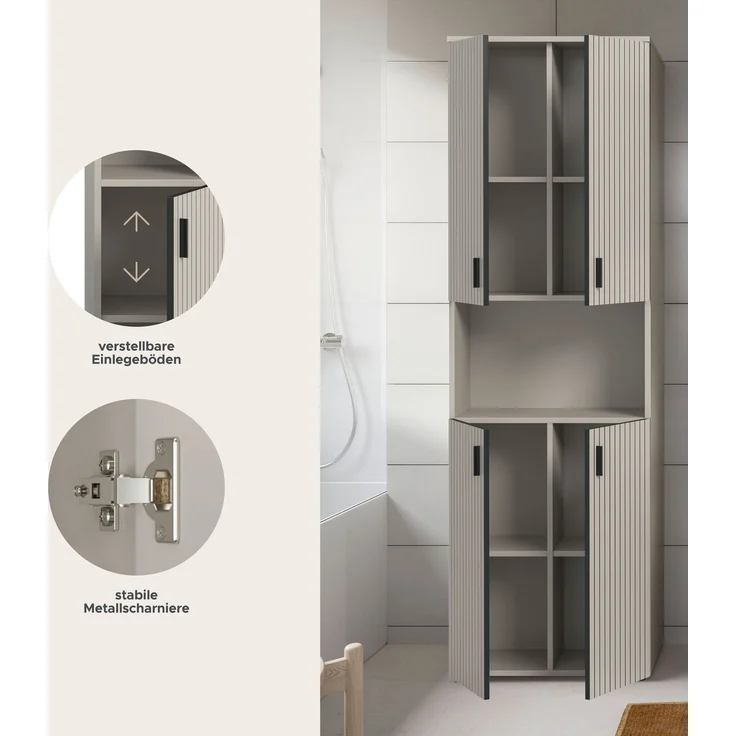 xonox. home – Badschrank Mone 60 x 192 x 30 cm in Kaschmir Nb – Breiter Hochschrank mit 4 Türen, 8 Fächern & offenem Fach – Maximaler Stauraum für Badutensilien, geradlinig & hochwertig verarbeitet – Bild 7
