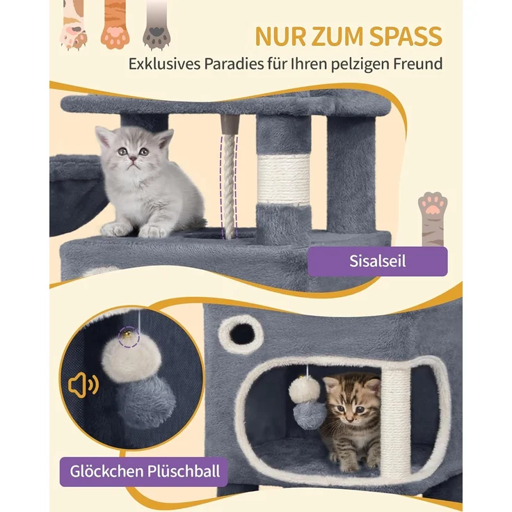 Kratzbaum, 159 cm Katzenbaum mit 8 Kratzsäulen, 3 Plattformen, 2 Höhlen, Korb, Plüschbälle, Sisalseil, Geeignet für Katzen Verschiedener Größen, Dunkelgrau – Bild 6