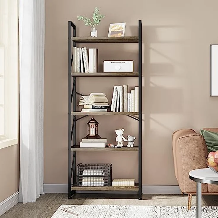 YITAHOME Bücherregal mit 5 Ebenen, Industrielles Standregal Aufbewahrungsregale für Wohnzimmer Bücher Schlafzimmer Büro Küche Zeitschriften, Grau – Bild 4