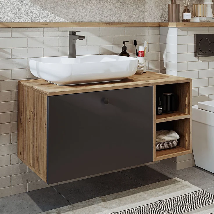 Skye Decor '2515' Badezimmerschrank mit Waschbecken, Atlantik-Kiefer / Anthrazit, 95 x 45 x 45 cm – Bild 3