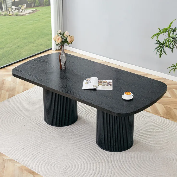 Esstisch 180x90x76 cm mit ovaler Tischplatte und geriffeltem Zylinderfuß, MDF in Schwarz