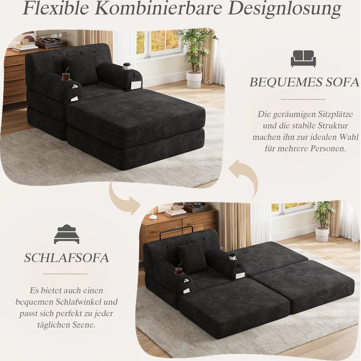 ZUBALIYA Schlafsofa 162x81 cm, mit Stauraum, mit Samtbezug, mit Cordbezug, mit Knopfheftung, mit breiten Armlehnen, Schwarz – Bild 3