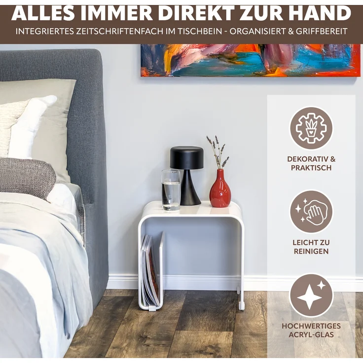 Acryl Beistelltisch mit Magazinhalter 2in1, weiß-glänzend – Bild 3