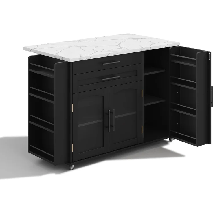 Merax 138cm Mobiler Kücheninsel mit klappbarem Arbeitsbereich, Küchenwagen, 5 Rädern, mehreren Aufbewahrungslösungen, Gewürzregal, Besteckschublade, Schwarz – Bild 9