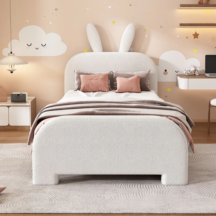 Kinderbett 90x200 Weiß mit Kaninchen-Kopfteil und 2 Schubladen,Gepolstertes Bett aus Lammwolle und MDF, Cartoon Bunny Design – Bild 3