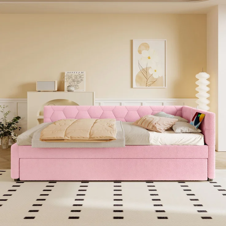 Daybett, 90*200cm Tagesbett, Schlafsofa, Bett mit Lattenrost (ohne Matratze), mit Nachttischlampe, mit multifunktionalem Ausziehbett, USB-Anschluss, Typ-C, Komfortmaterial, Boucle, Rosa – Bild 6