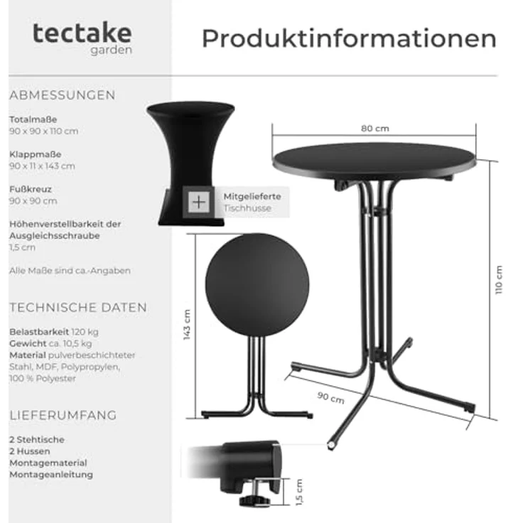 tectake® Gastro 2er Set Stehtisch klappbar, Bistrotisch mit Husse, Tisch Ø80cm, Stehtisch mit MDF-Tischplatte, Gartentisch klappbar, Klapptisch, rund, Stahlgestell, stabil, robust - schwarz, 2er Set – Bild 4