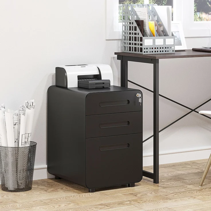 Rollcontainer mit 3 Schubladen mobiler Aktenschrank mit Rollen abschließbar Büroschrank mit Hängeregistratur Stiftfach, Bürocontainer Schreibtisch Unterschrank für Büro 39x48x59cm Schwarz--Schwarz--59x48x39cm--YOUDENOVA – Bild 3