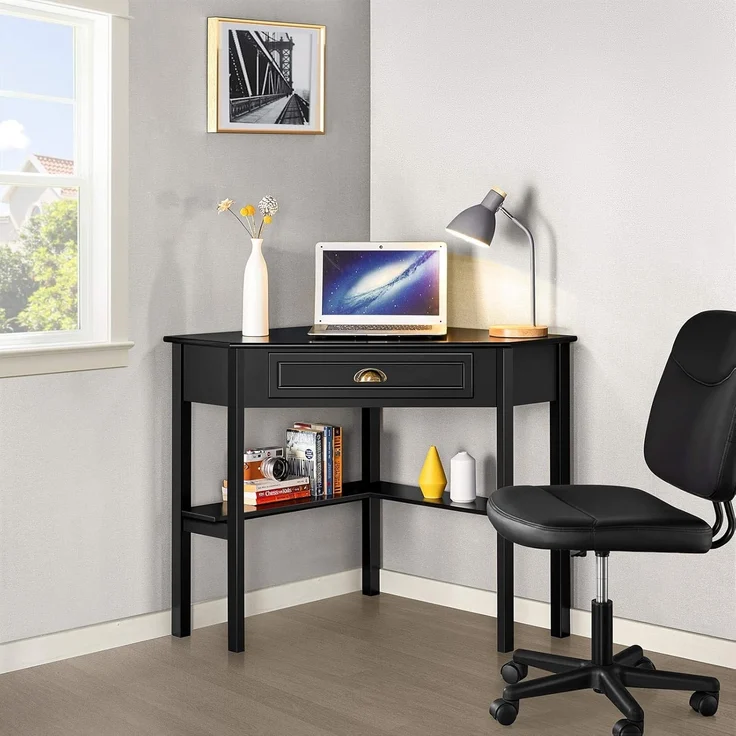 Yaheetech Schreibtisch Ecktisch Platzsparender Computertisch mit Schublade und Regalen Eckschreibtisch für Kleiner Raum, 106 × 71,5 × 77 cm Schwarz – Bild 7