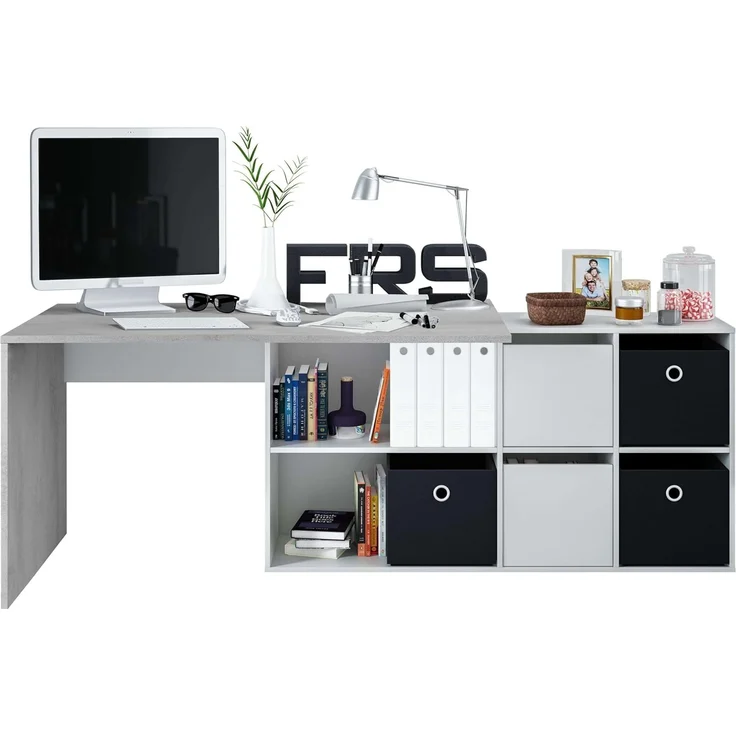 Habitdesign, Schreibtisch – flexibler PC-Tisch in Artik weiß und Zementgrau, rechts, links oder gerade aufstellbar, Maße: 136–203x66–139x74 cm (B x H x T), ideal für Homeoffice, Modell Adapta Plus – Bild 5