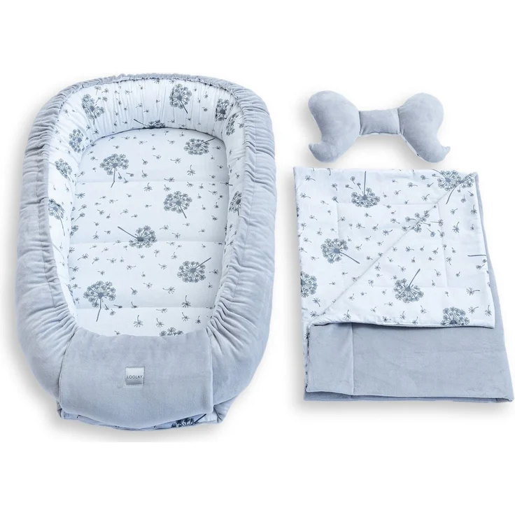 Loolay Kuschelnest BABYNEST + DECKE + Kissen Babyausstattung Baumwolle & Samt Velours, (MUSTER: GRAU Samt Velour/ Pustelblume Weiß, 3-tlg, Liebevoll handgefertigt Nestchen! Geborgenheit Komfort für Neugeborene), Premium Ausstattung - 100% Europäische S... – Bild 3