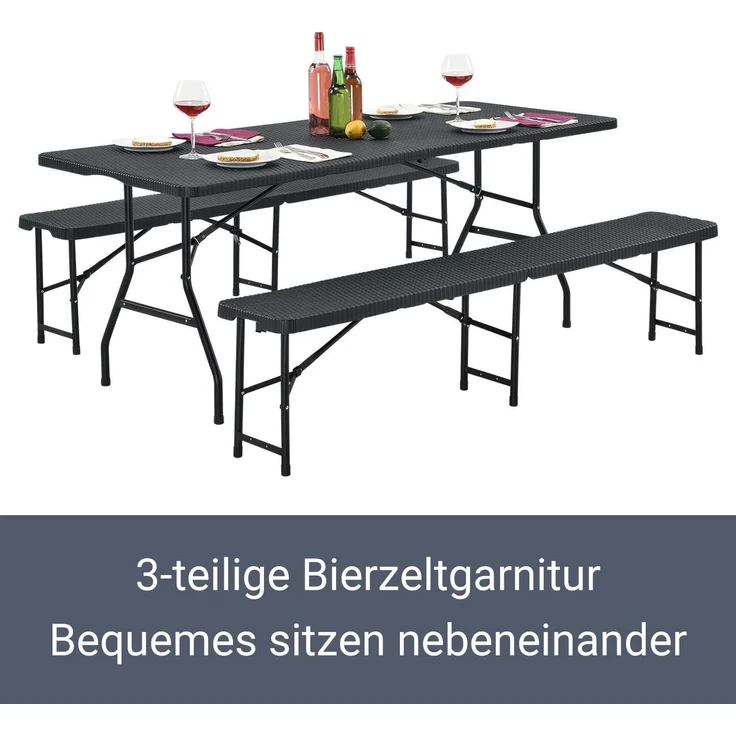 Juskys 'Bayreuth' Bierzeltgarnitur, 3-teilig, Klappbar, Kunststoff, 180 x 74 x 74 cm, Schwarz – Bild 2