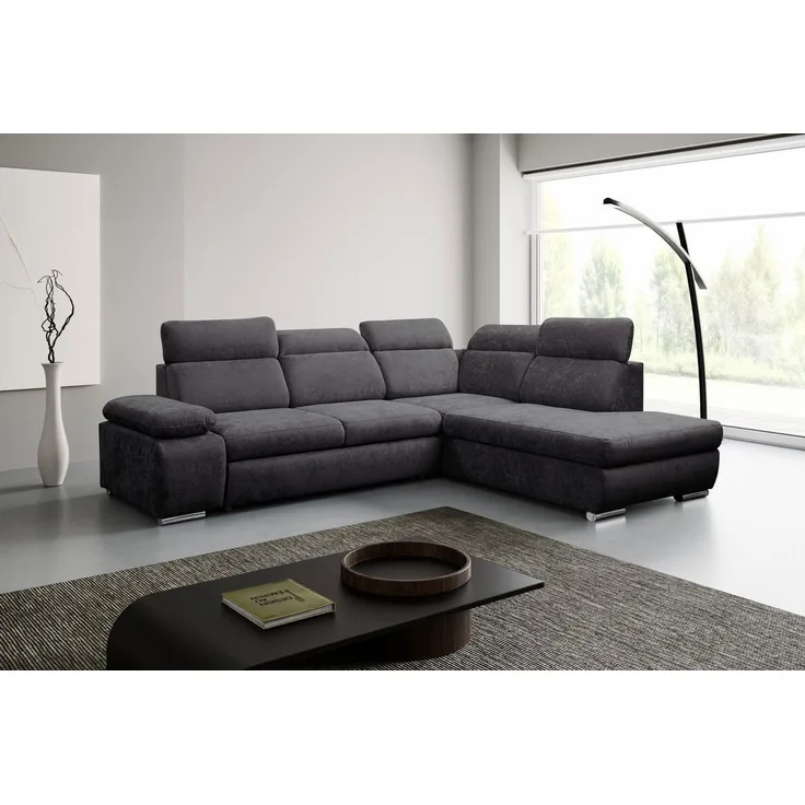 WERK2 Ecksofa Alicante 280 x 230 cm L-Form, Bett und Bettkasten, Kopfteilverstellung, Chenille, L-Form, XXL, Schlaffunktion, Bettkasten