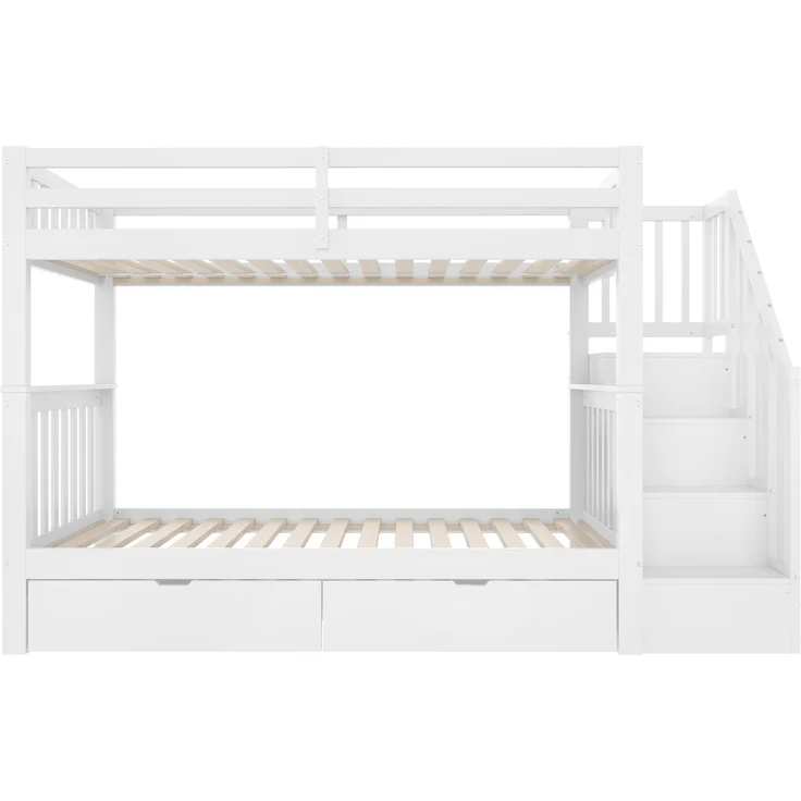 Etagenbett 90x200 cm mit Treppenregal, zwei Schubladen, hohes Sicherheitsgeländer mit Stauraum, Weiß – Bild 10