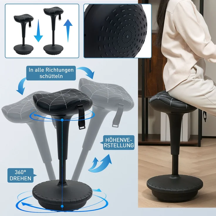Bürohocker mit Schwenkfunktion, ergonomischer Hocker, höhenverstellbar 65,5-83,5 cm 120° schwarz schwarz--Schwarz--83.5x34x34cm--YOUDENOVA – Bild 6