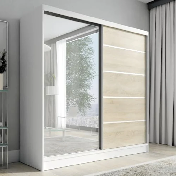A&J MöbelLand GmbH Schiebetürenschrank KARO 1 2-türiger Kleiderschrank mit Spiegel und Kleiderstangen (TOP ANGEBOT! Geräumiger Schrank mit einer Breite von 200 cm und Spiegel, ideal zur Aufbewahrung von Kleidung und Accessoires. Viel Stauraum, TOP PROD... – Bild 2