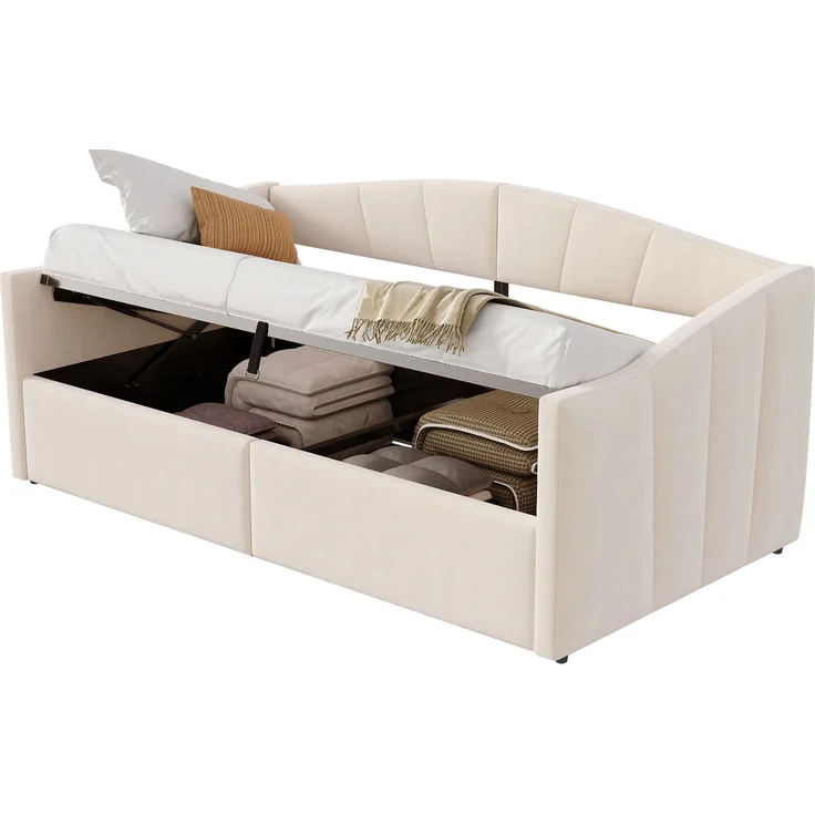 Polsterbett Schlafsofa, Samt mit Stauraum & Lattenrost, 90x200 cm, Beige, ohne Matratze – Bild 7
