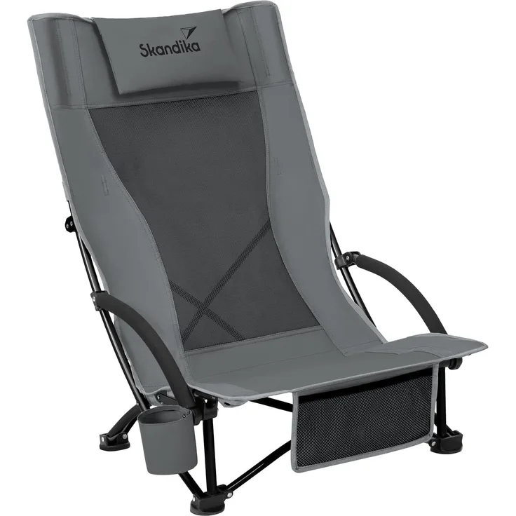 Skandika Strand Klappstuhl Beach | Bequemer Strandstuhl mit atmungsaktivem Mesh, Getränkehalter, niedrig, leicht zu transportieren, max. 136 kg | Faltbarer Campingstuhl, Liegestuhl (grau)