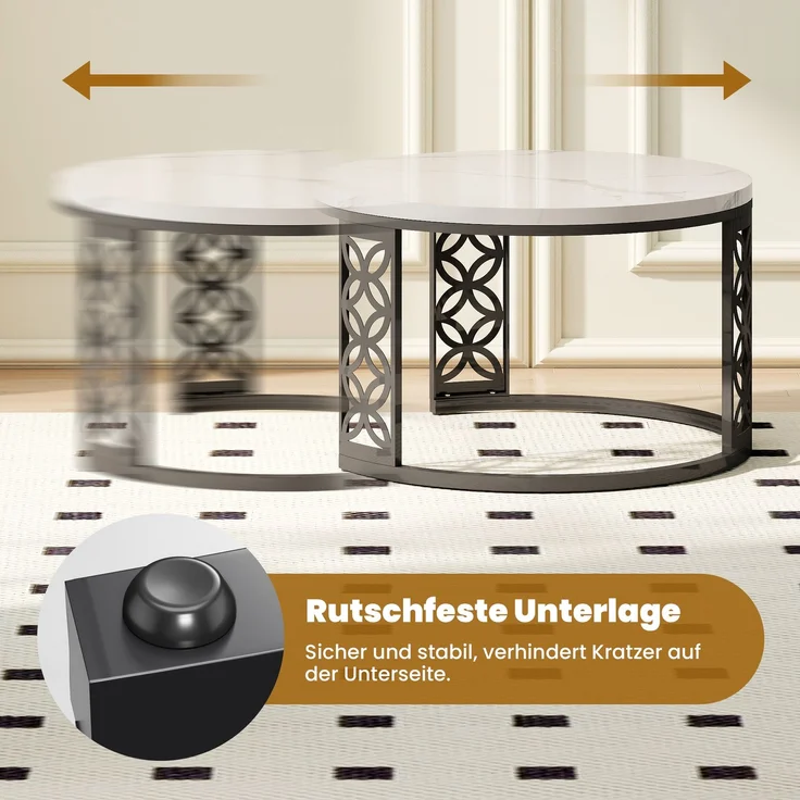 2er-Set Couchtisch nestbar 70x70x45 + 45x45x37 cm, Marmor-Furnier, Metallrahmen, Kontrastdesign – Bild 6