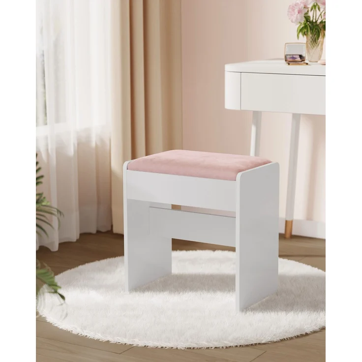 VASAGLE Hocker Schminktisch, Sitzhocker gepolstert, Makeup-Hocker aus Samt, mit rutschfesten Fußpads, für Ankleidezimmer, Schlafzimmer, Eingangsbereich, mattweiß-pastellrosa RDS001W01 – Bild 1
