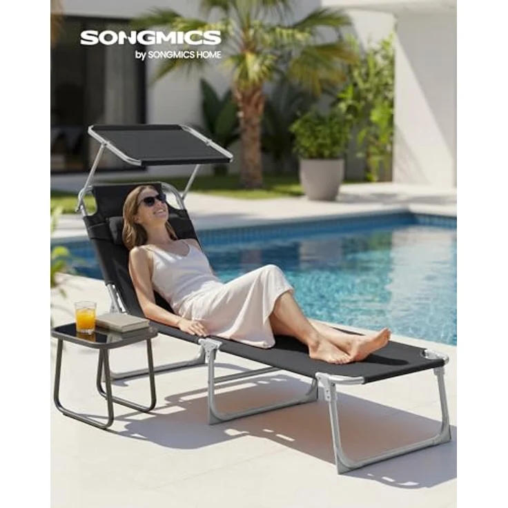 Sonnenliege, klappbarer Liegestuhl, 193 x 53 x 29 cm, max. Belastbarkeit 150 kg, mit Sonnenschutz, Kopfstütze und Verstellbarer Rückenlehne, für Garten, Pool, Terrasse, Schwarz, 1 Liege – Bild 3