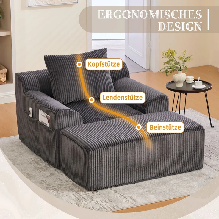 Sessel 147x110x67 cm Kordsamt Dunkelgrau mit Fußpedal und Seitentaschen, übergroßer gepolsterter Lesesessel – Bild 8