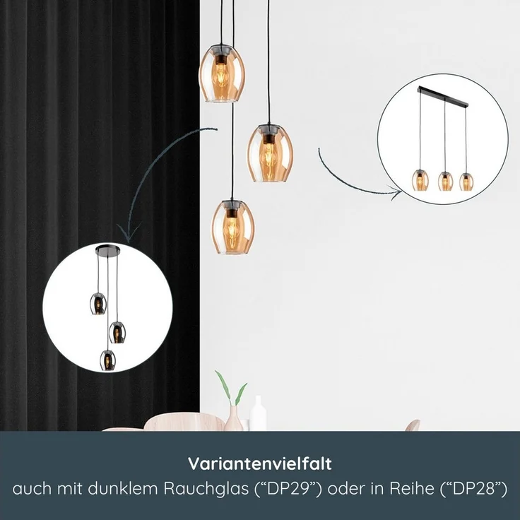 MeLiTec LED Pendelleuchte DP30, LED wechselbar, warmweiß, Hängeleuchte Amberglas, moderne Pendellampe 3-flammig, Hängelampe rund – Bild 3