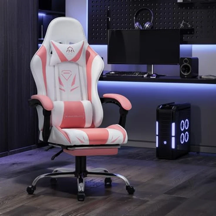 COLAMY Gaming Stuhl, Computer Stuhl mit Fußstütze und Lendenwirbelstütze, höhenverstellbarer Gaming Chair mit 360°-Drehsitz und Kopfstütze, Video Gamer PC Stuhl, Ergonomische hohe Rückenlehne, Rosa – Bild 5