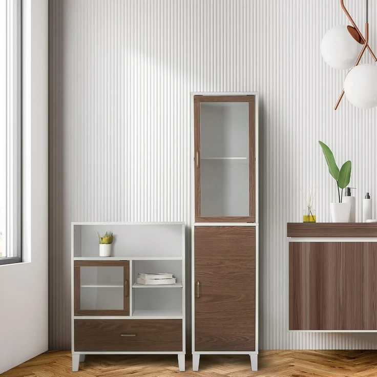 Elegant Home Fashions Tyler Holz Badezimmer Freistehender Aufbewahrungsschrank 33 x 66 x 86,8 cm Mit Schublade & Regalen 2 Ton Weiß/Braun EHF-F0010, White/Natural Wood, One Size – Bild 2