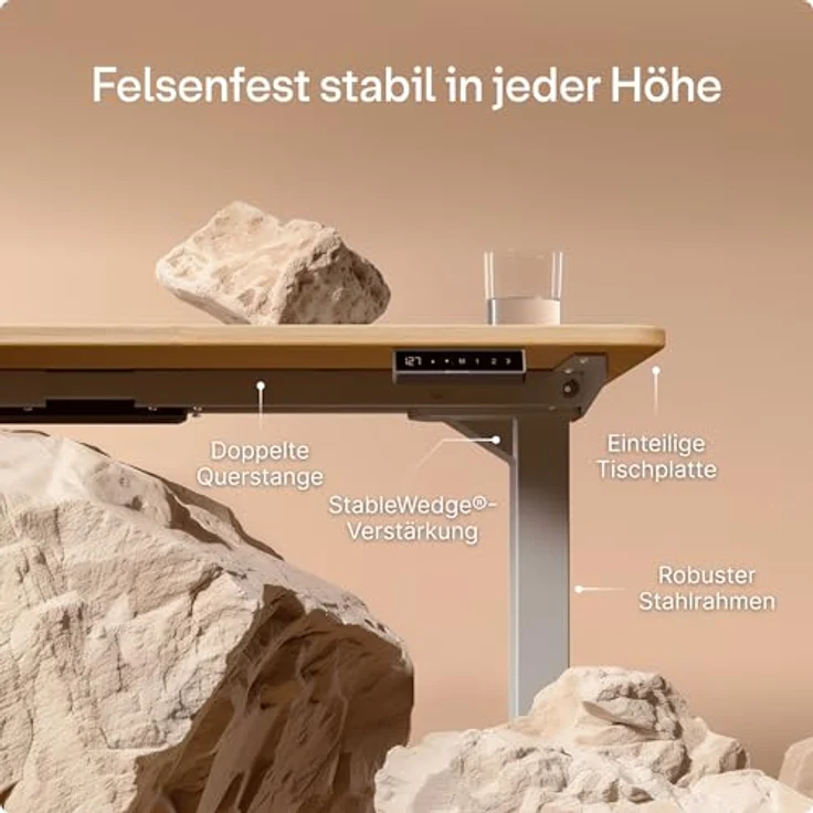 Desktronic Höhenverstellbarer Schreibtisch aus massivem Eichenholz (120x60 cm) – Elektrisch höhenverstellbar mit flüsterleisem Dual-Motor & Touchscreen – Hohe Tragfähigkeit – Stehtisch HomePro – Bild 5
