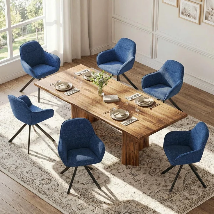 GOEURVANT 1370 Esszimmerstühle 4er-Set mit Armlehnen, 360° Drehbar, Chenille - Blau – Bild 9