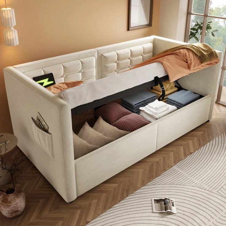 Merax Daybett Hydraulisches Polsterbett 90x200cm mit USB & Type C, Schlafsofa Tagesbett mit Ablagefächer, Einzelbett Jugendbett, Samt, Beige – Bild 1