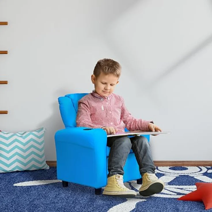 HOMCOM Sessel Kindersessel, Liegefunktion, Eingebauten Becherhalter, Blau (Set, 1-St, Kindersofa für 3-6 Jahre alt), 62B x 52T x 69H cm – Bild 3