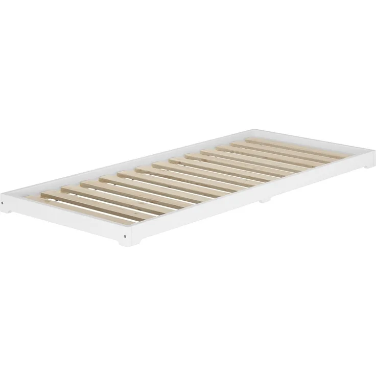 Weißes Unterschiebbett Futon extra niedrig Holzbett 80x180 Kiefer V-60.47W-08-180Rollrost inkl.