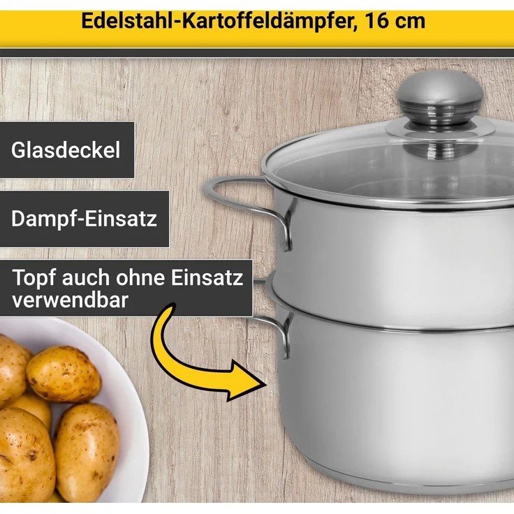 Karl Krüger KEC16 Kartoffeldämpfer Edelstahl mit Glasdeckel 16 cm / Gemüse-Dünster / INDUKTION – Bild 3