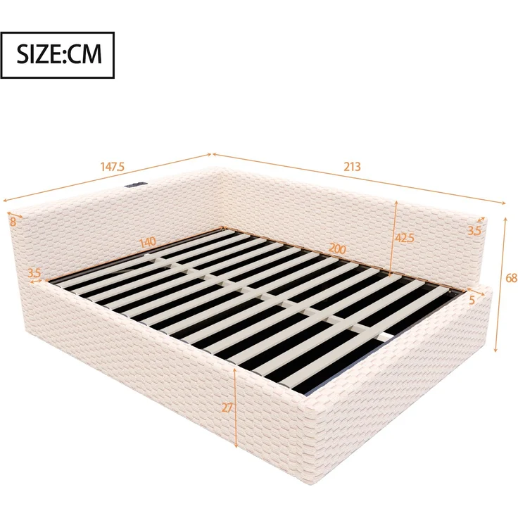 Merax Polsterbett 140 x 200 cm, Doppelbett, Jugendbett mit LED-Beleuchtung, Tape-C und zwei USB-Anschlüssen, L-förmiger weicher Rückenlehne, Samtstoff, Hydraulischem Bettgestell, Beige – Bild 4