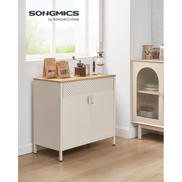 SONGMICS Metallschrank, mit Doppeltür, Magnetverschluss, verstellbarer Einlegeboden, Stahlgestell sandbeige-naturbeige, 40 x 80 x 76 cm – Bild 2