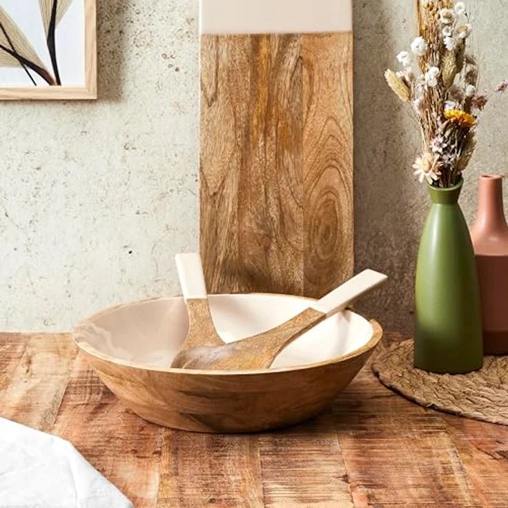 HOME DECO FACTORY, KA0572, Dune Uni Mango Wood Salad Bowl, elegant and Natural Design, ideal for Salads and Various Dishes, Easy to Maintain, Diameter 33 cm, beige Brown Color – Bild 6