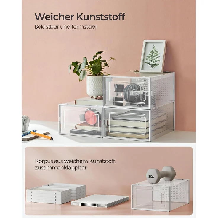 Songmics Schuhboxen, 12er Set, Schuh-Organizer aus Kunststoff, faltbar und stapelbar, für Schuhe bis Größe 44, transparent-weiß LSP12SWT – Bild 5