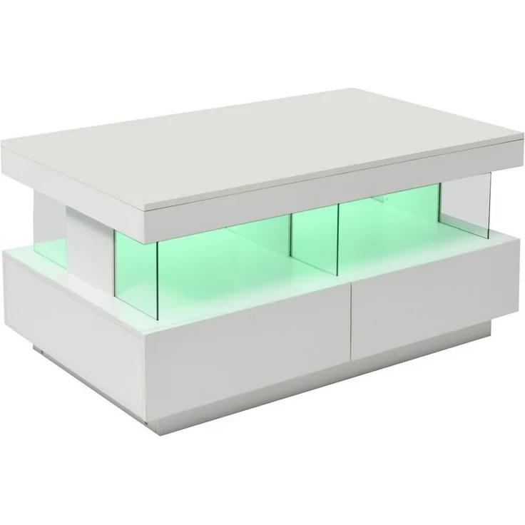BlingBin Couchtisch Sofatisch Mit LED-Beleuchtung, Teetisch Kaffeetisch (Couchtisch, 1-St, 100 x 60 x 49.5cm Beistelltisch, Tisch, Mit zwei Schubladen), Wohnzimmertisch,Langlebige, kratzfeste und glatte Tischplatte