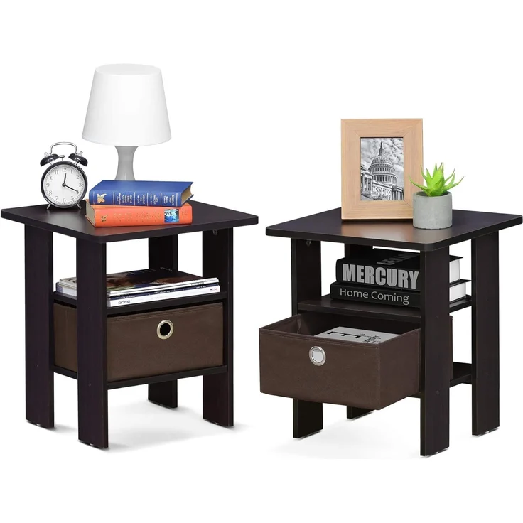 Furinno Andrey Beistelltisch Nachttisch mit Schublade, Dunkle Walnuss, 39. 37x39. 37x44. 45 cm – Bild 1