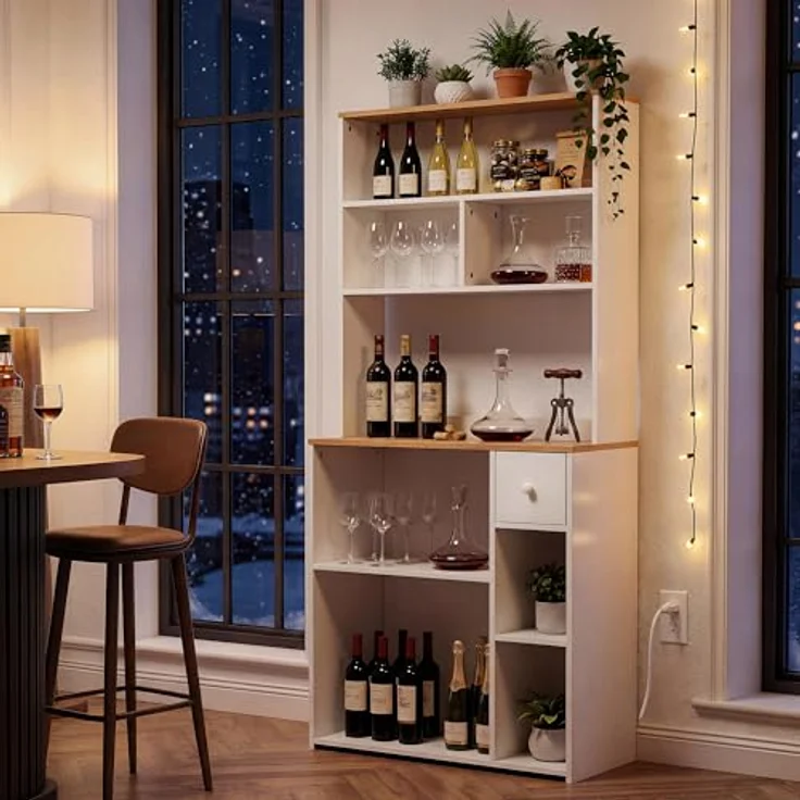 YITAHOME küchenregal mit Steckdose, 2 AC-Steckdosen, 2 USB-Anschlüssen, kaffeebar arbeitsplatte, Regal küche mit schubladen,schmales Regal 75 cm breit, Mikrowellenregal, 75 x 40 x 170 cm, Eiche und Weiß – Bild 5